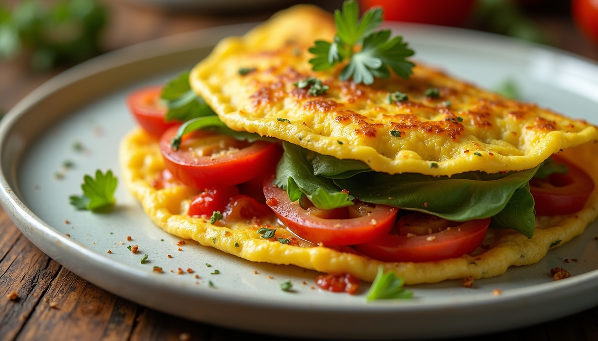Close-up view of a colorful vegetable omelet