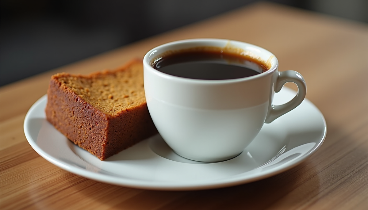 High angle view of a coffee cup with keto cake on a plate