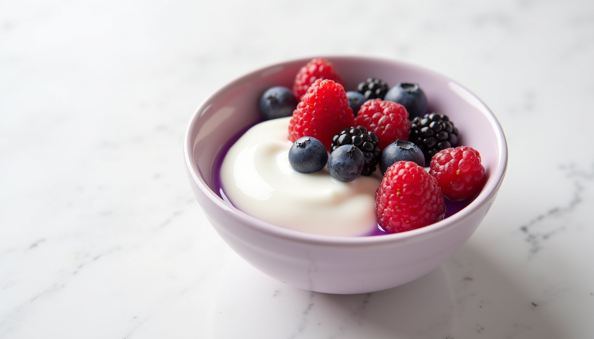 High angle view of a bowl of Greek yogurt topped with fresh berries