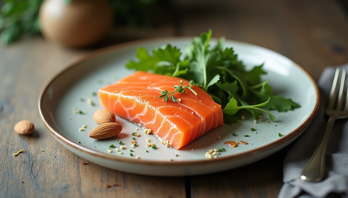 High angle view of a balanced plate with salmon, almonds, and leafy greens