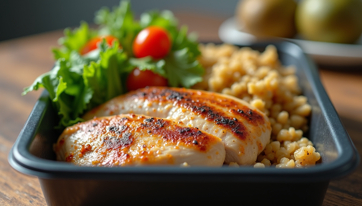 Eye-level view of a meal prep container with grilled chicken breast, quinoa, and steamed vegetables