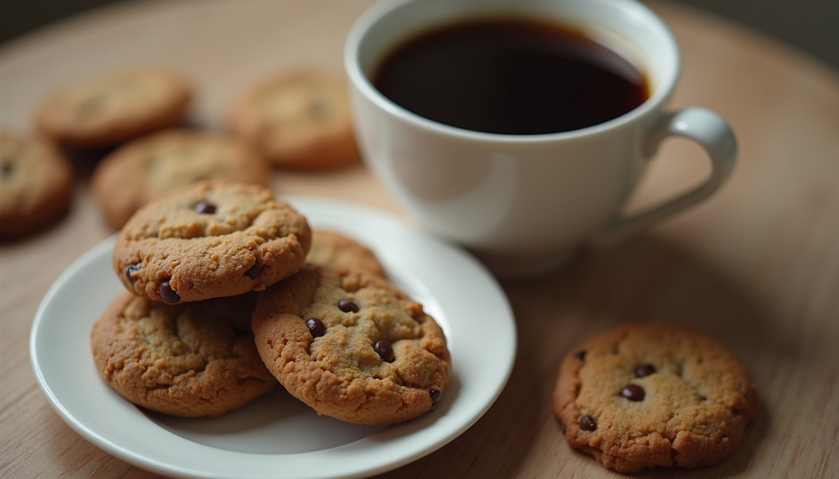 Eye-level view of keto cookies next to a cup of coffee