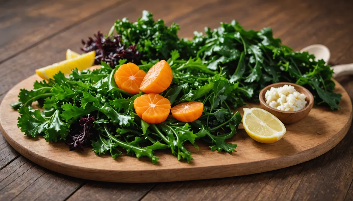 Close-up view of various sea vegetables on a wooden platter