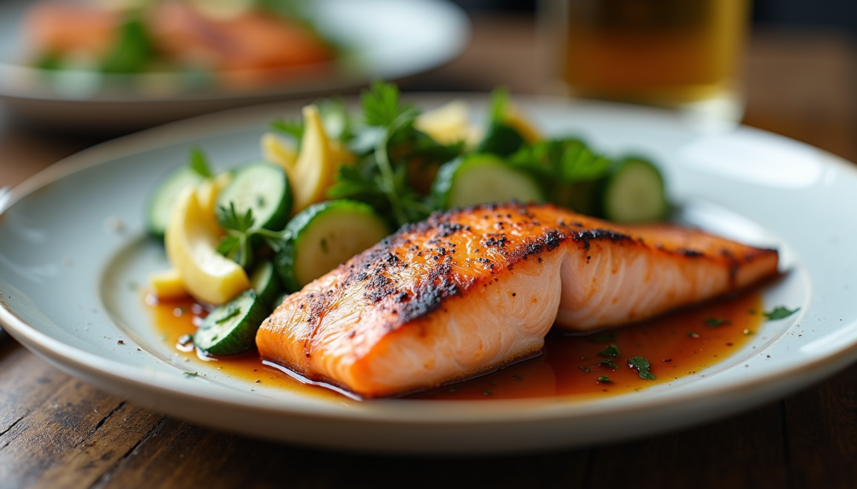 Eye-level view of a plate with grilled salmon and steamed vegetables