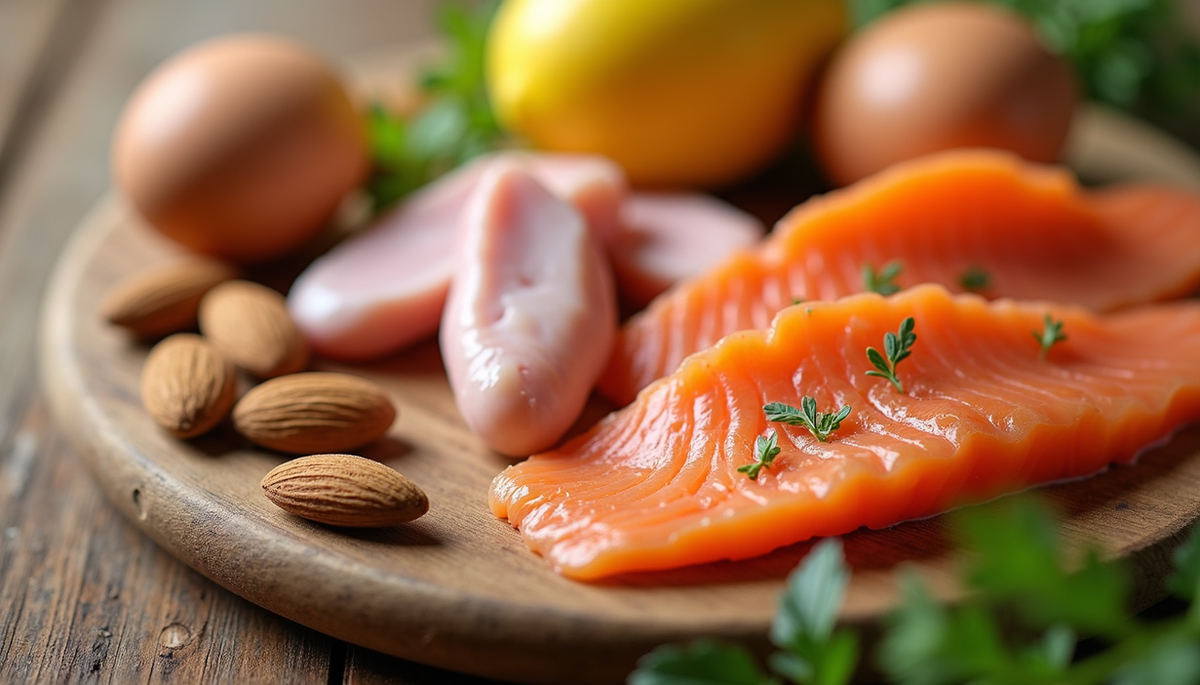Close-up view of a variety of protein-rich foods including eggs, chicken, almonds, and salmon