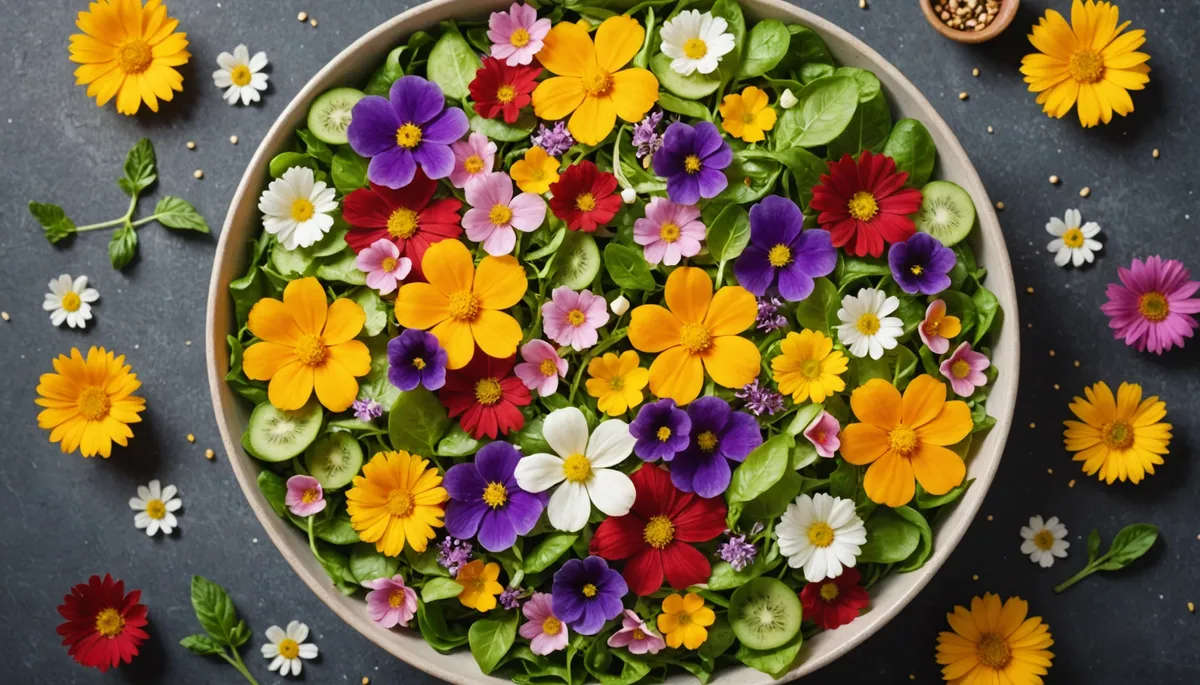 High angle view of a colorful salad adorned with edible flowers