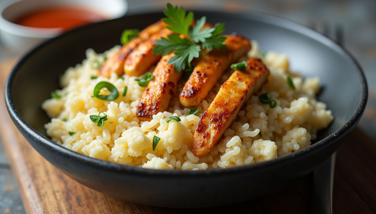 Eye-level view of a bowl of cauliflower rice with grilled chicken