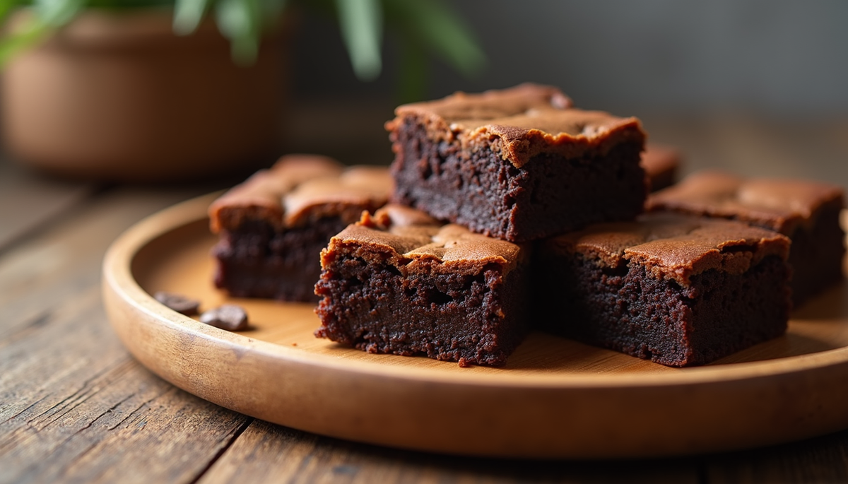 Close-up view of keto brownies on a wooden plate