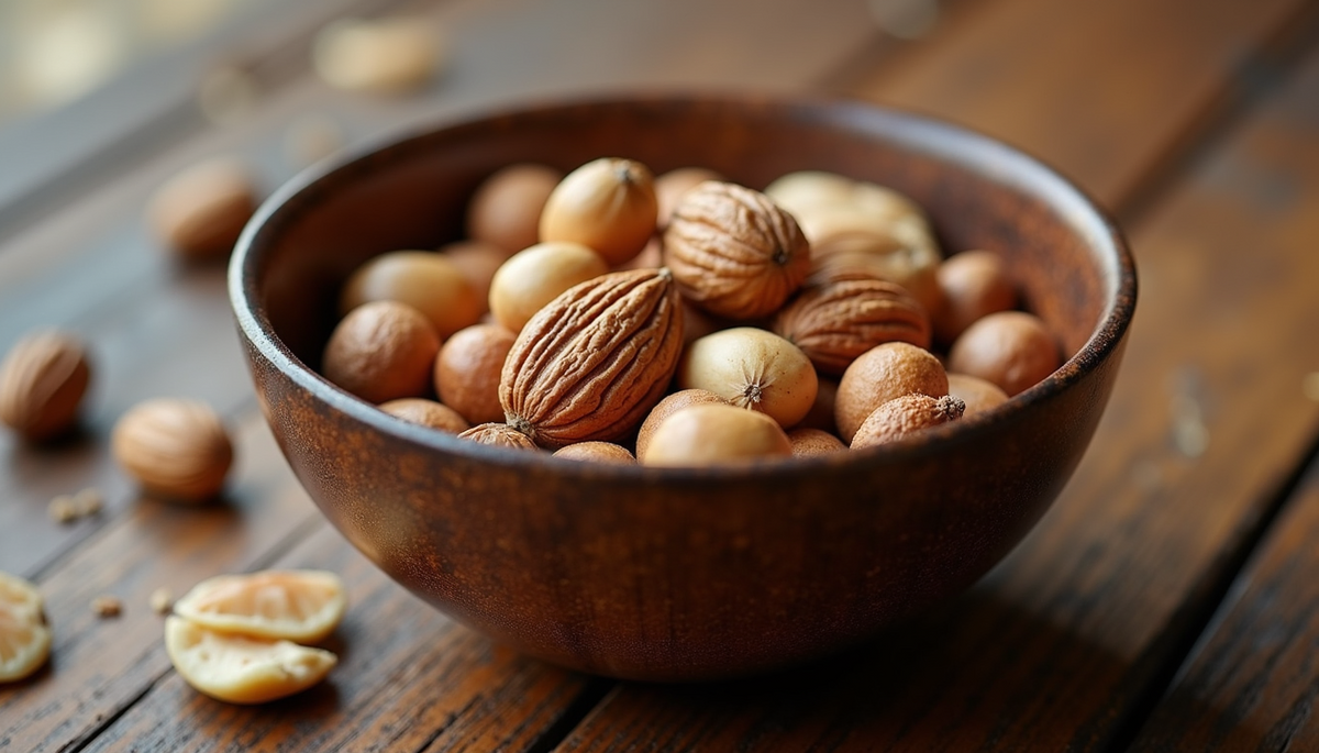 High angle view of assorted nuts in a bowl