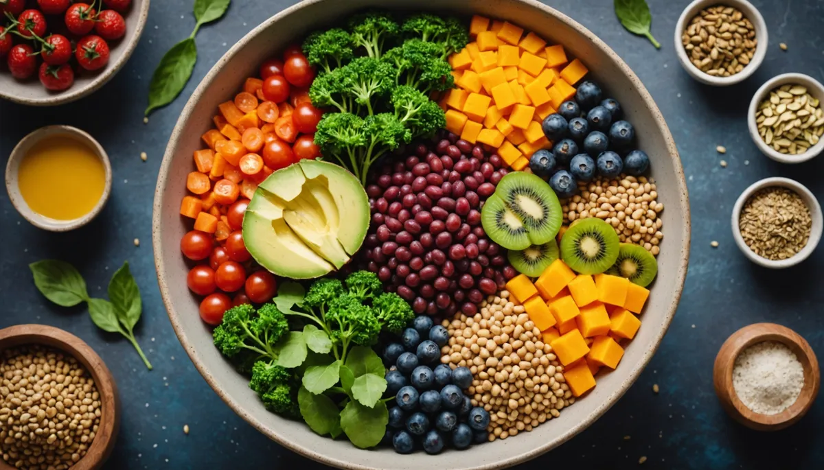 High angle view of a bowl filled with vibrant superfood ingredients