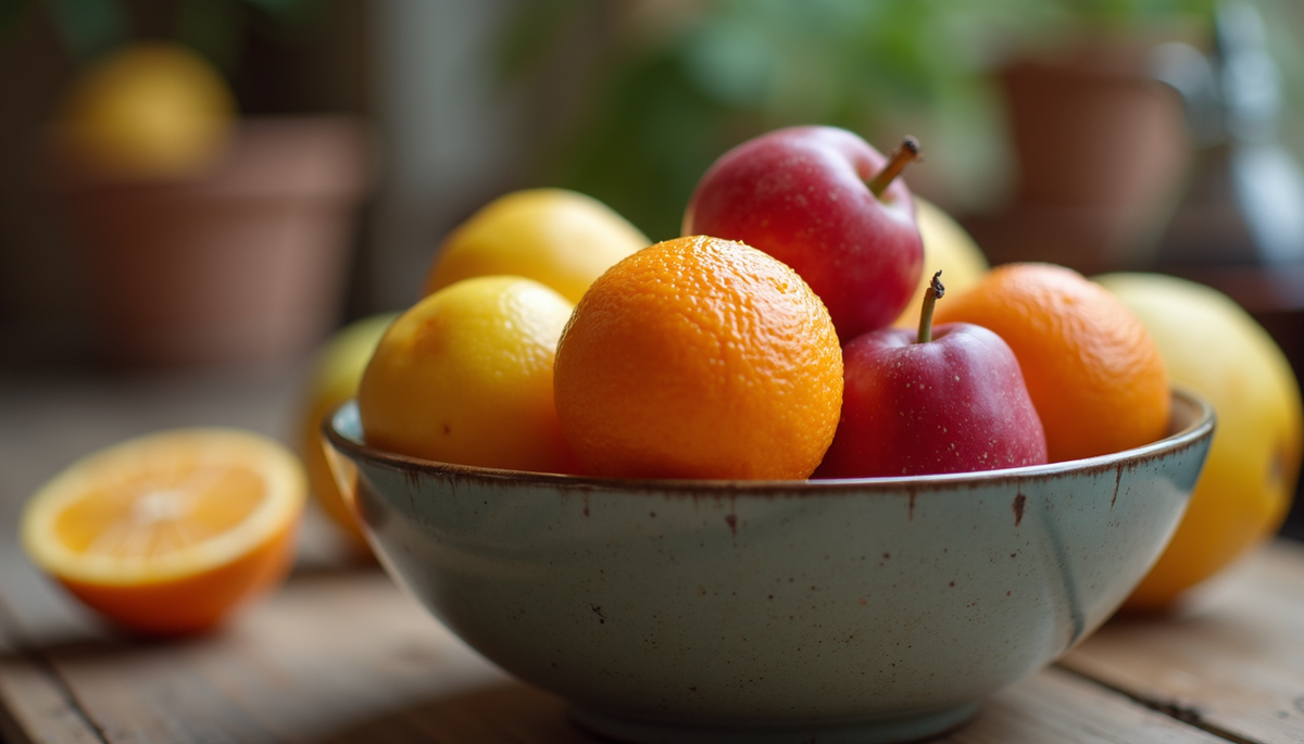 Eye-level view of fresh fruits in a bowl