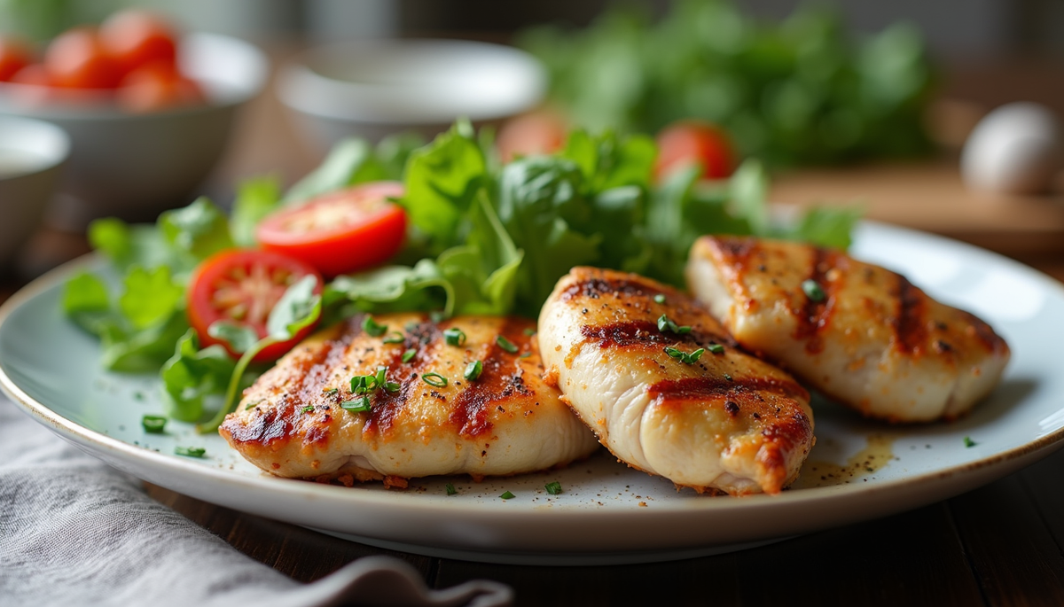 Close-up view of a low-carb meal with vegetables and grilled chicken